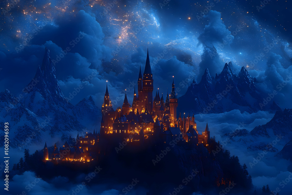 Fototapeta premium Illustration - Enchanting Night Castle Fantasy Scene