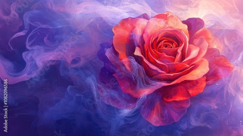 Stunning close-up of a vibrant rose surrounded by ethereal smoke, showcasing rich hues of red, pink, and purple against a dreamy background, perfect for floral art enthusiasts.