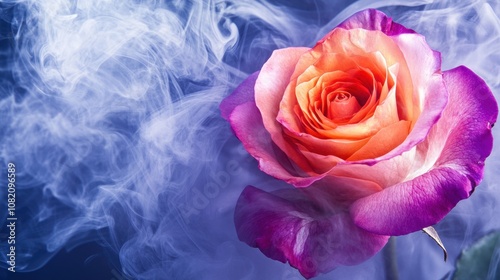 Beautiful pink and orange rose with delicate petals surrounded by soft swirling smoke on a dark blue background, symbolizing romance and elegance in nature’s art.