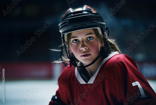 Young female ice hockey player in uniform, intense focus, playing in an arena with dramatic lighting.y life. photo