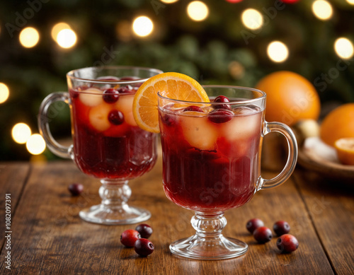 Punch drink for traditional festival with slices of orange for decoration, cranberries, xmas mood 