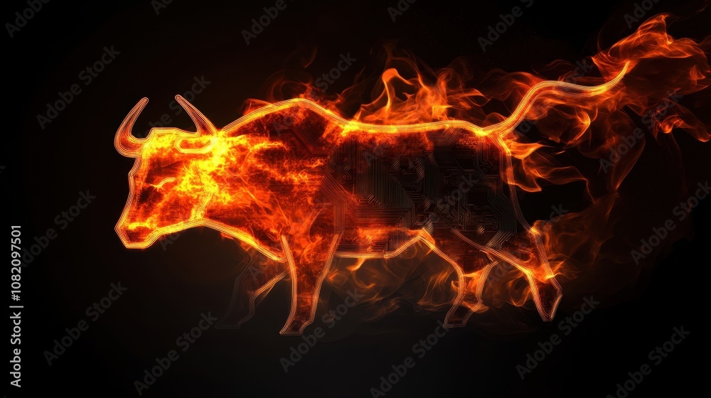Fototapeta premium Fiery Bull Silhouette in Flames Representing Strength, Power, and Determination Set Against a Dark Background for a Dynamic Visual Impact in Digital Artwork