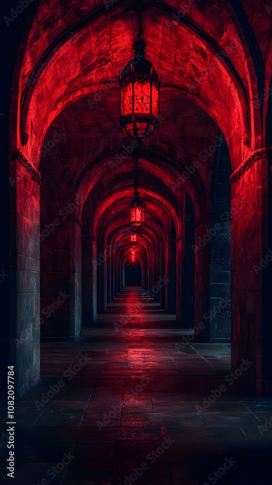 Illustration - Dark Red Hallway with Lanterns Illustration - Dark Red Hallway with Lanterns
