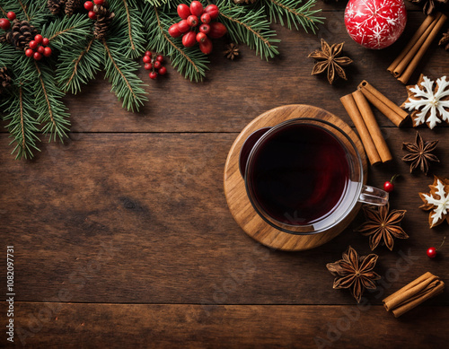 Mulled wine traditional drink for christmas new year celebration, decoration with oranges, cinnamon, spices, noel vibe 