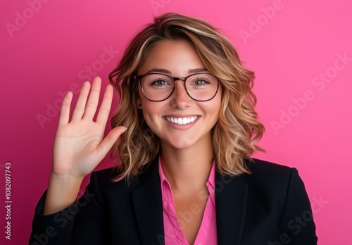 Smiling Professional Woman in a Business Outfit, Waving Hello. A Confident, Positive, and Successful Business Woman in a Stylish and Modern Attire.., people expression series photo