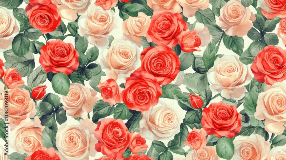 Beautiful Floral Pattern Featuring Red and White Roses with Green Leaves on a Soft Background for Elegant Design Projects and Home Decor Inspirations Beautiful Floral Pattern Featuring Red and White Roses with Green Leaves on a Soft Background for Elegant Design Projects and Home Decor Inspirations