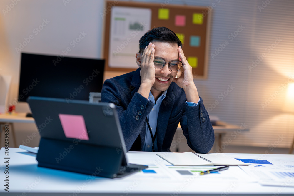Stressed asian businessman having a headache while working late at night in the office Stressed asian businessman having a headache while working late at night in the office