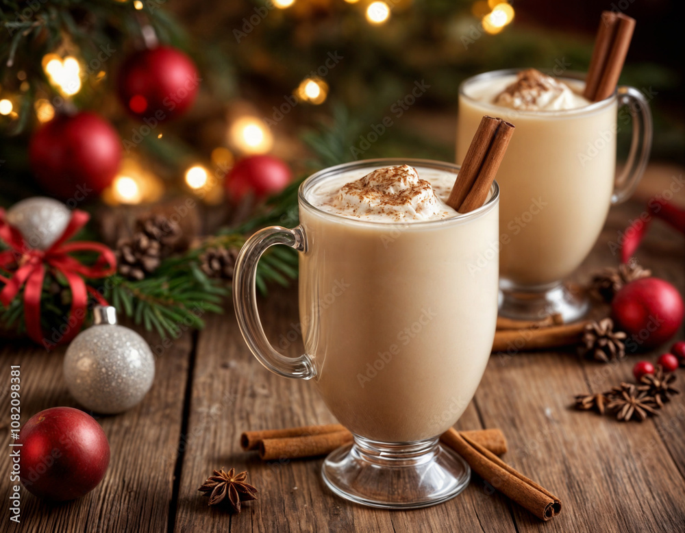 Eggnog traditional drink for xmas, xmas decoration with light Eggnog traditional drink for xmas, xmas decoration with light