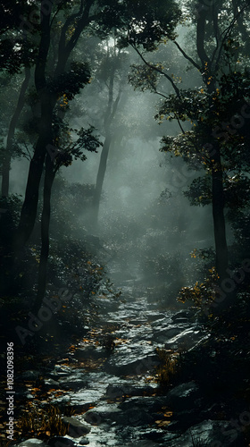 Mystical Forest Path Illustration - Fog, Trees, Stream