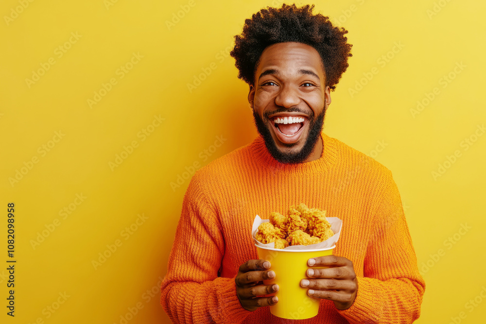 An African American man with a basket of fried chicken on a yellow background. A young man is holding a fast food basket with chicken nuggets to take away. An African American man with a basket of fried chicken on a yellow background. A young man is holding a fast food basket with chicken nuggets to take away.