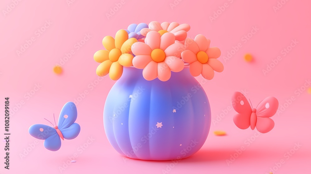 Colorful 3d vase flowers and butterflies poster background