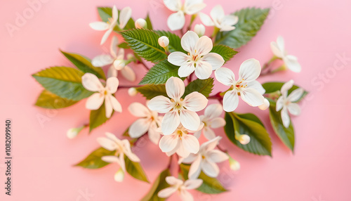 Flower blossom pattern on pink background. Top view, Side lit