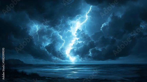 Illustration of Lightning Storm over Ocean at Night