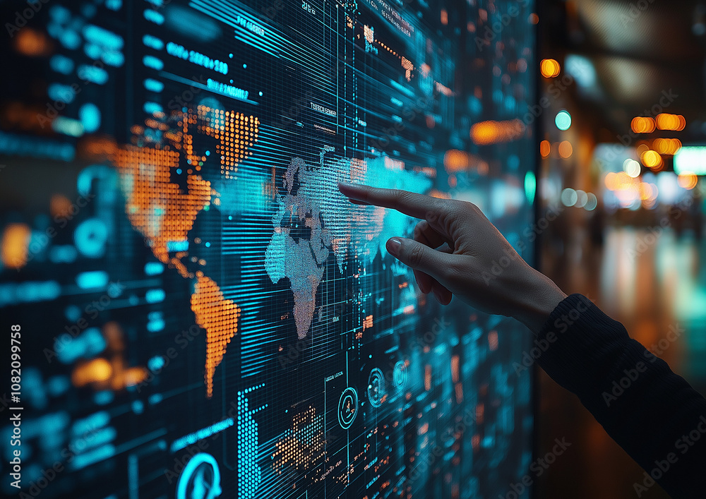 Fototapeta premium A hand points to a world map on a large screen displaying data and graphs