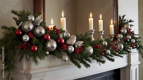 A festive garland made of pine, berries, and silver bells photo