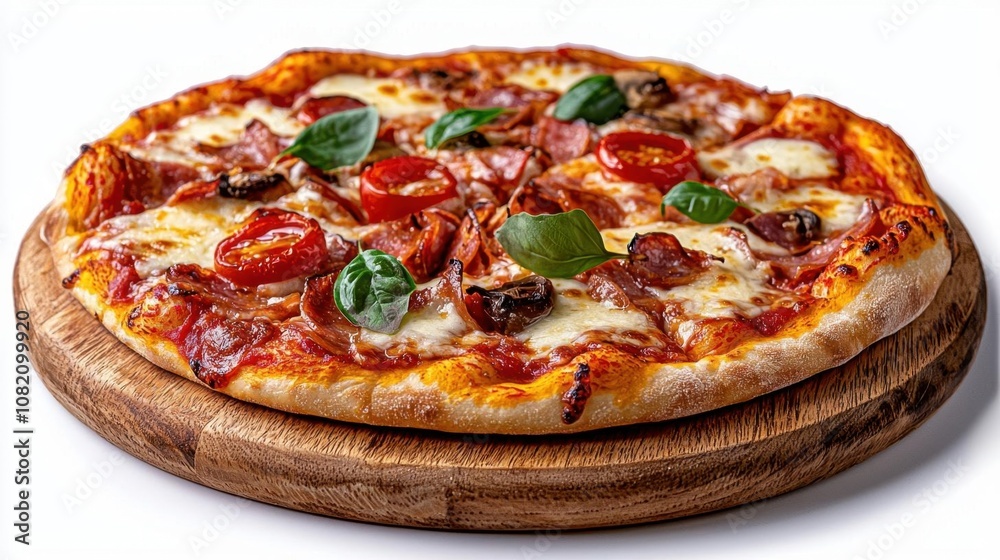 A photostock of a freshly baked pizza with colorful toppings on isolated on transparent PNG background, High Quality. A photostock of a freshly baked pizza with colorful toppings on isolated on transparent PNG background, High Quality.