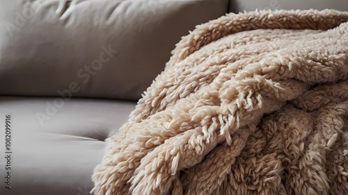 A soft and luxurious faux fur throw blanket draped over a cozy sofa photo