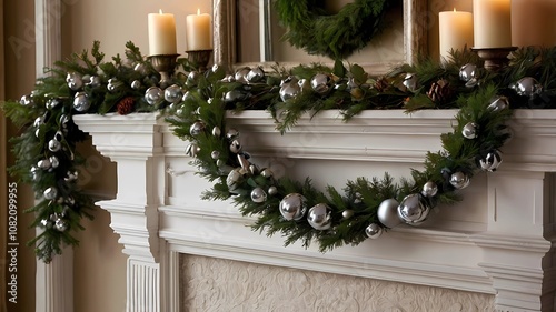 A festive garland made of pine, berries, and silver bells photo