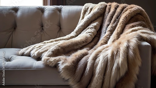 A soft and luxurious faux fur throw blanket draped over a cozy sofa photo