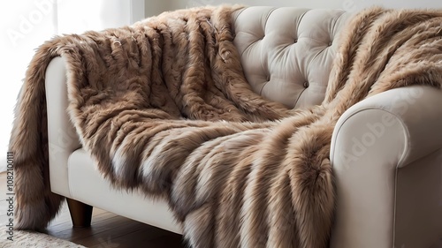 A soft and luxurious faux fur throw blanket draped over a cozy sofa photo