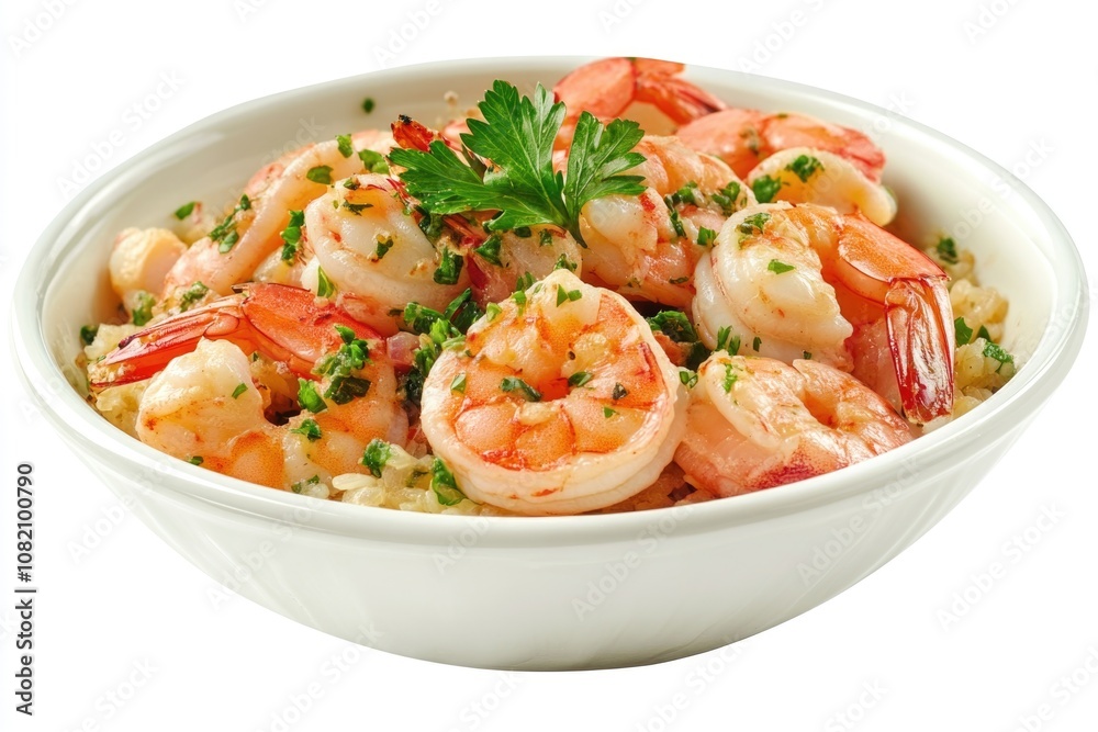 A white bowl filled with shrimp and rice A white bowl filled with shrimp and rice