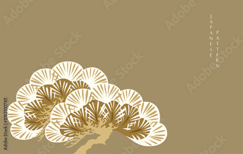 Japanese background with Asian traditional icon vector. Elegant bonsai tree or pine tree elements. Natural art with brown background in vintage style.