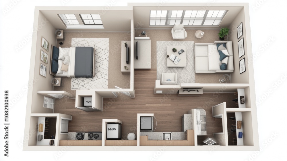 A 3D drawing showing the layout of a one-bedroom apartment with a kitchen, living room, and bathroom. A 3D drawing showing the layout of a one-bedroom apartment with a kitchen, living room, and bathroom.
