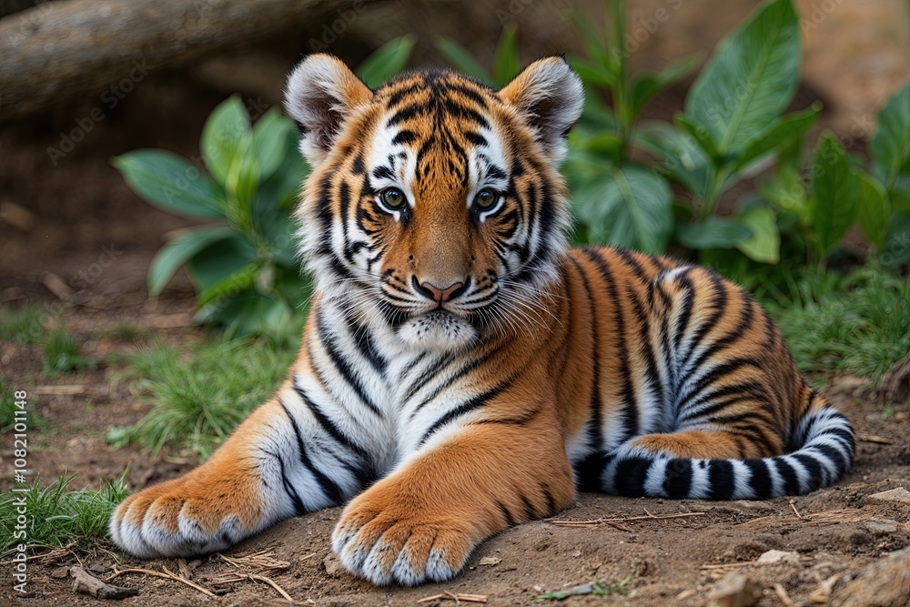 Charming Tiger Cub Relaxing in Natural Environment Charming Tiger Cub Relaxing in Natural Environment