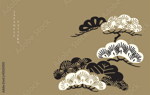 Japanese background with Asian traditional icon vector. Black and white bonsai tree or pine tree elements. Natural art with brown background in vintage style.