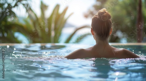 A woman lying in a blue pool with palm tree shadows, lush greenery, and a tranquil vibe suggests a peaceful tropical retreat in nature.