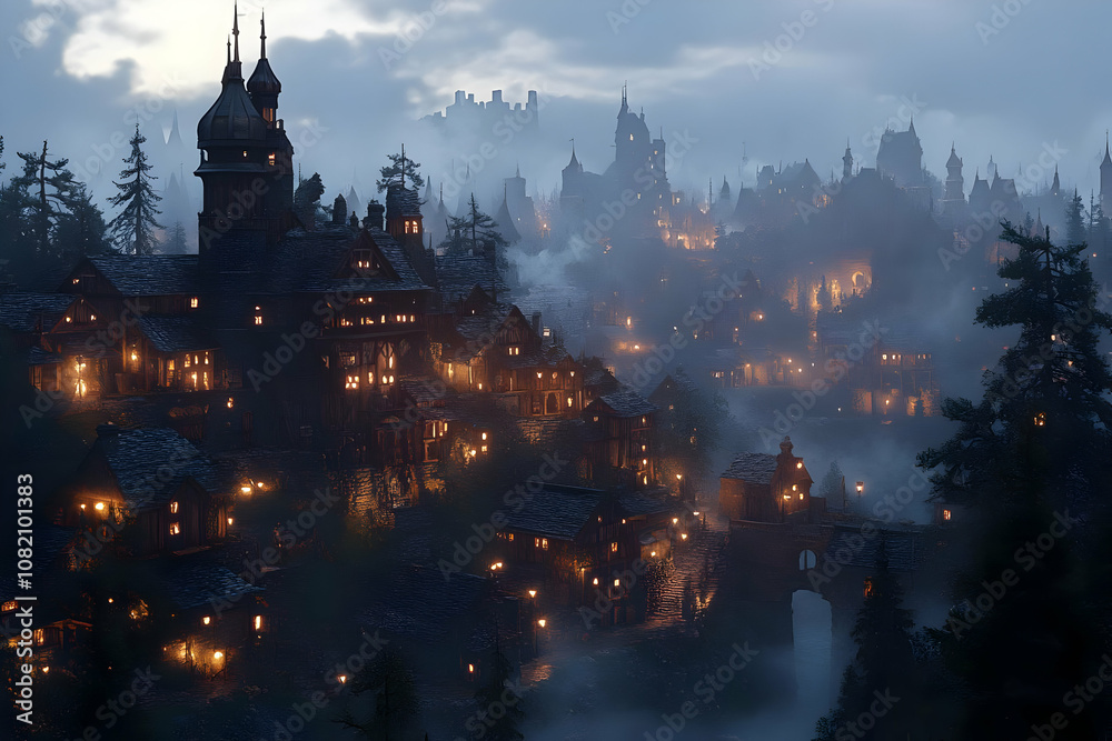 Illustration of Medieval Village in Misty Twilight Illustration of Medieval Village in Misty Twilight