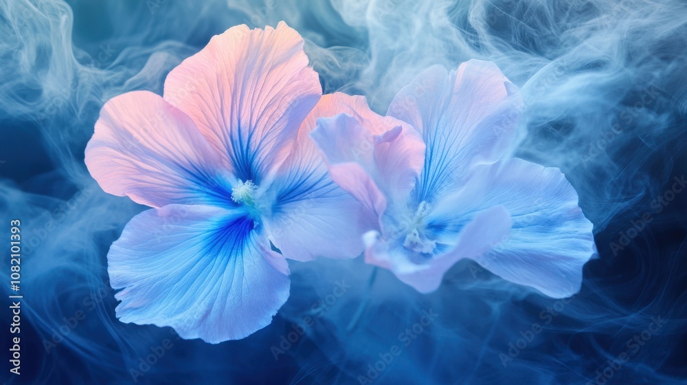 Delicate Flowers Shrouded in Ethereal Mist with Soft Blue and Pink Hues, Creating a Dreamy and Tranquil Atmosphere for Nature Lovers and Artists Delicate Flowers Shrouded in Ethereal Mist with Soft Blue and Pink Hues, Creating a Dreamy and Tranquil Atmosphere for Nature Lovers and Artists