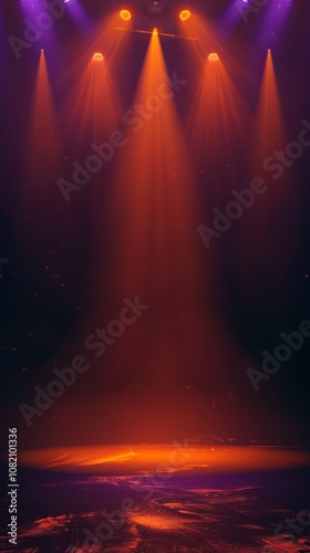 An empty stage in dim lighting with colorful spotlights creates a dynamic and dramatic atmosphere  hinting at anticipation for a performance or event.