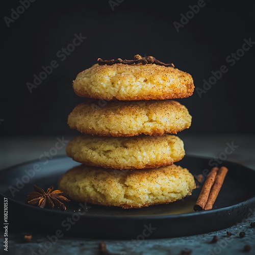 Stack of Homemade Cinnamon Cookies on a Black Plate with Cinnamon Sticks.