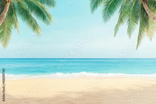 Coconut trees leaning towards a serene beach  watercolor strokes capture turquoise waves  and golden sands  creating a tropical paradise