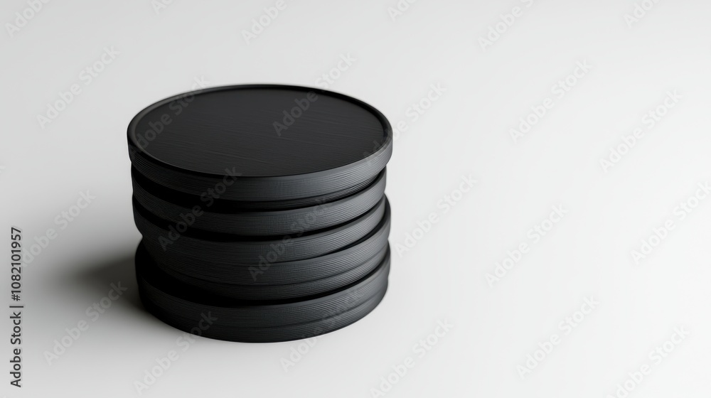 Minimalistic Stack of Round Black Discs on a Smooth Surface, Ideal for Modern Design Projects and Creative Visual Presentations Minimalistic Stack of Round Black Discs on a Smooth Surface, Ideal for Modern Design Projects and Creative Visual Presentations