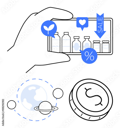 Hand holding a smartphone displaying pharmaceutical products, sale and discount icons. Coin with dollar sign represents savings. Planet and orbits signify global impact. Ideal for e-commerce