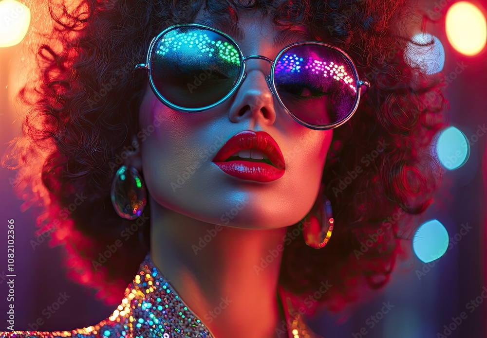 A beautiful woman dressed in retro disco fashion, with curly hair and colorful sunglasses A beautiful woman dressed in retro disco fashion, with curly hair and colorful sunglasses