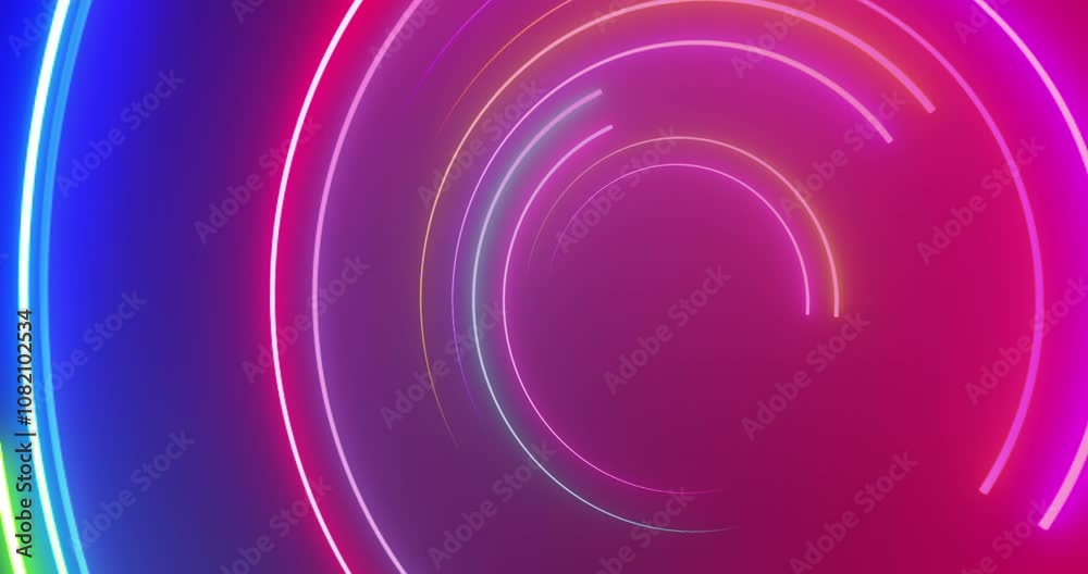 
3d Neon circles moving 4K loop. Show starter intro background for videos, titles. Glowing circles light laser like glowing geometric 3d hypnotizing clip. Striped neon club bg. Illuminated swirl curve