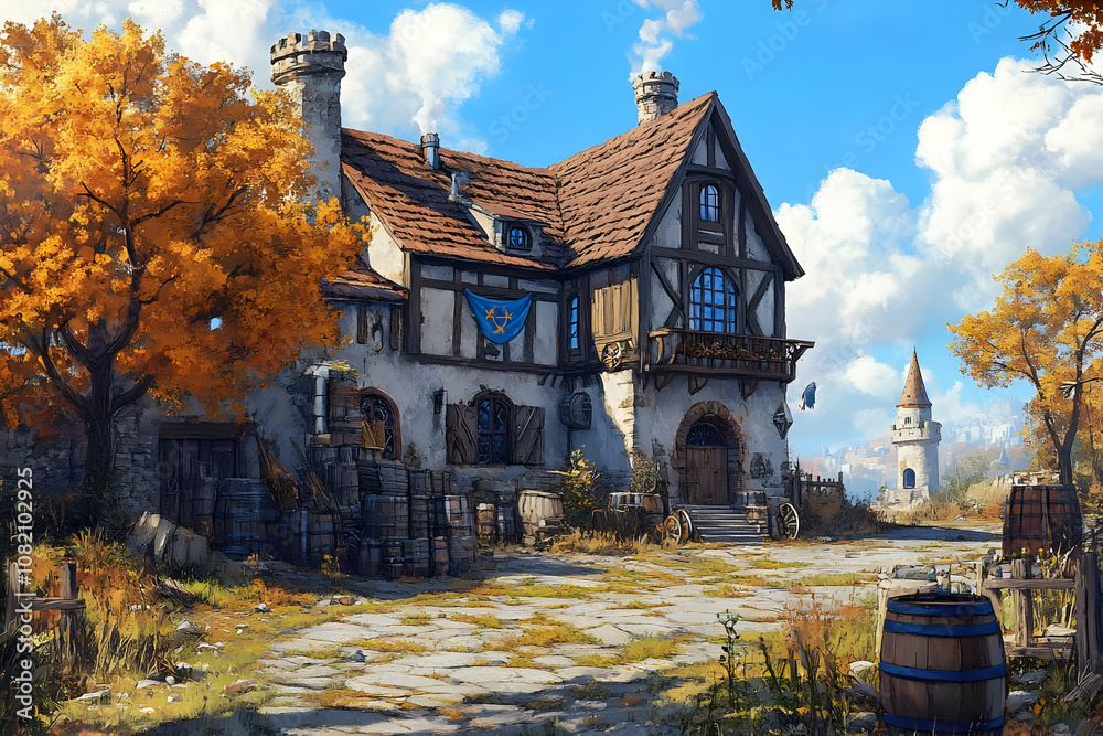 Illustration of Medieval Tavern, Autumn Landscape Illustration of Medieval Tavern, Autumn Landscape