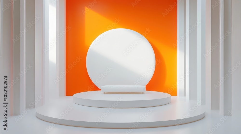 Modern Minimalist Studio with Bright Orange Accent Wall and Circular Platform, Ideal for Creative Showcases and Design Projects Modern Minimalist Studio with Bright Orange Accent Wall and Circular Platform, Ideal for Creative Showcases and Design Projects