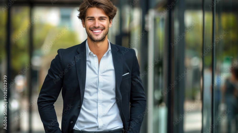 A man wearing a suit standing in front of a modern building, suitable for business or office use A man wearing a suit standing in front of a modern building, suitable for business or office use