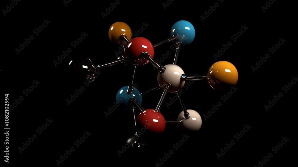 3D abstract molecular structure with colorful spheres and metal bonds isolated on black background.