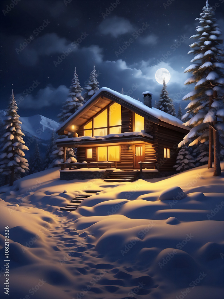 Winter landscape with a village house wooden modern cottage in a snowy night forest vertical watercolor illustration Winter landscape with a village house wooden modern cottage in a snowy night forest vertical watercolor illustration