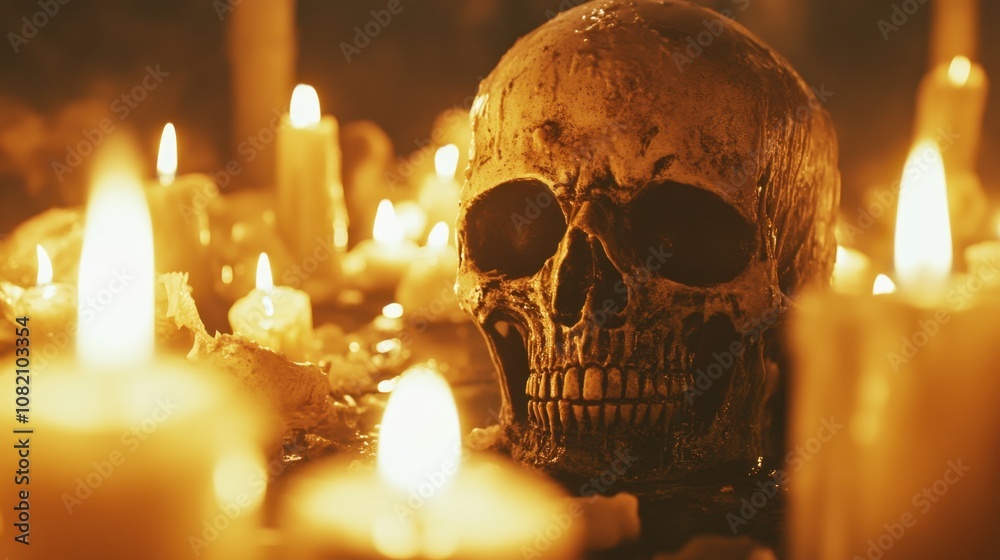 Mysterious Human Skull Surrounded by Flickering Candles in a Dark Setting, Evoking a Haunting and Eerie Atmosphere for Halloween or Gothic Themes Mysterious Human Skull Surrounded by Flickering Candles in a Dark Setting, Evoking a Haunting and Eerie Atmosphere for Halloween or Gothic Themes