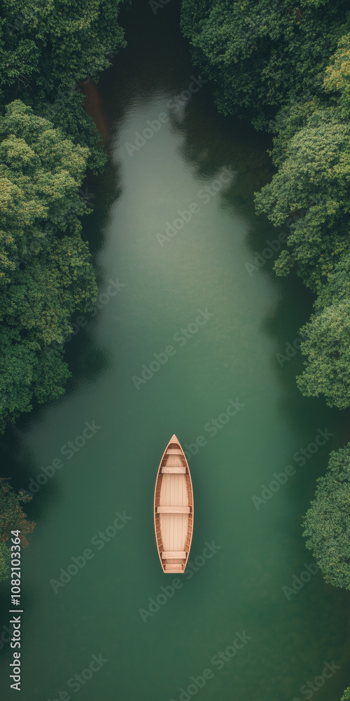 Obraz premium An aerial view of a boat is floating on a river with trees in the background
