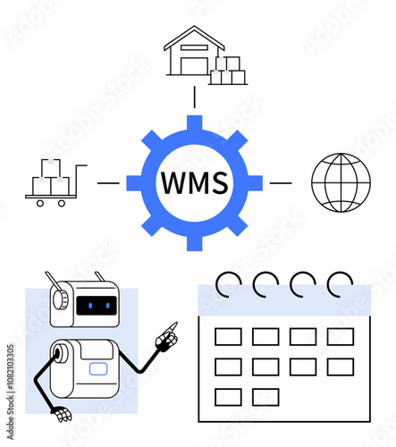 Robot and calendar gear labeled WMS connected to warehouse cart with boxes, and globe. Ideal for logistics, automation, inventory, supply chain, planning, technology, global trade. Line metaphor