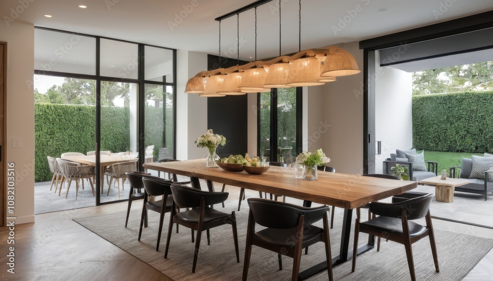 Fototapeta premium A contemporary dining area featuring a large wooden table, designer chairs, and soft lighting fixtures 