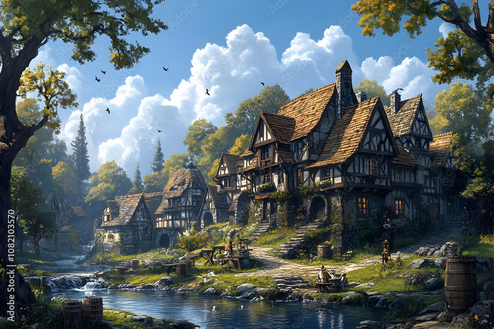 Illustration - Fantasy Village by the River Illustration - Fantasy Village by the River