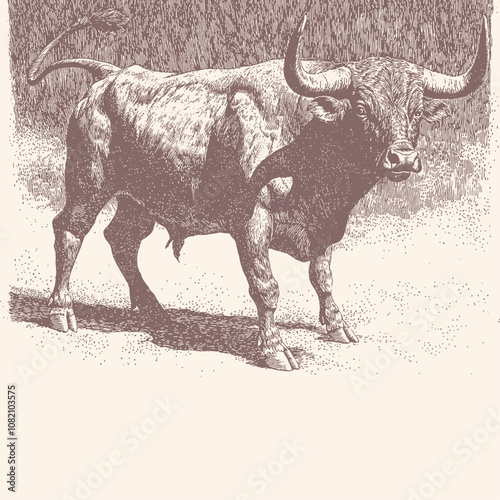 An intricate engraving of a bull in a vintage style, vector illustration.